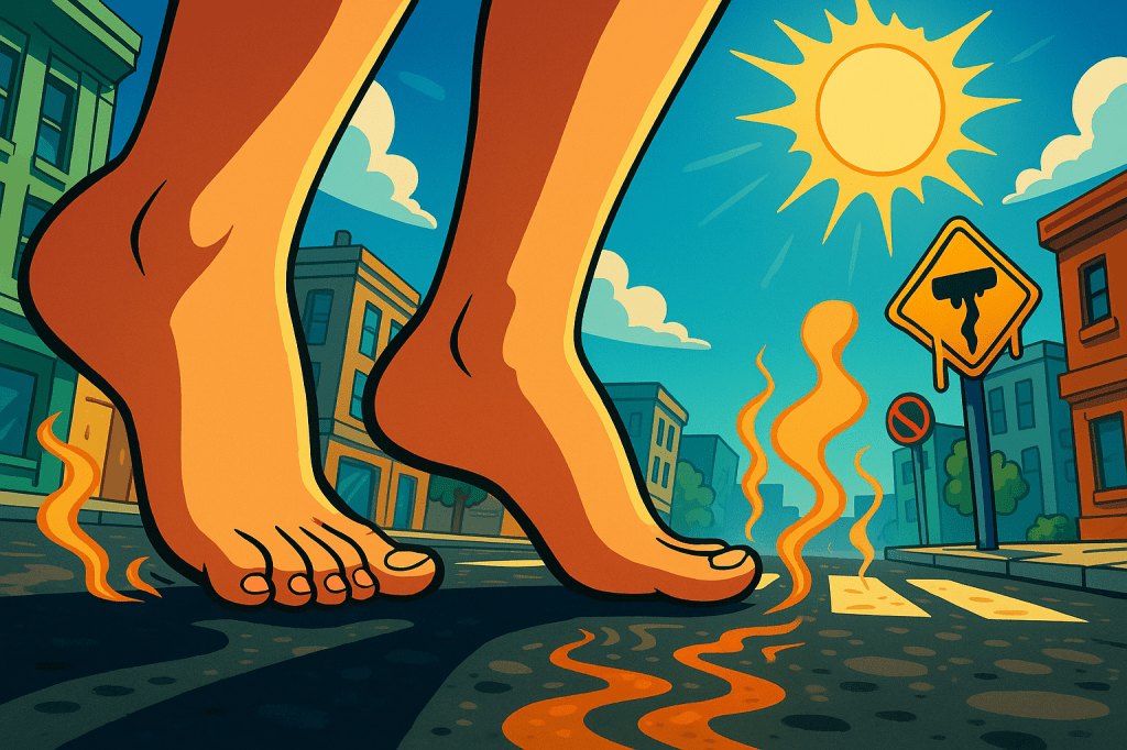 Pies descalzos sobre asfalto caliente en verano, ilustración estilo videojuego. Representa los desafíos del barefoot urbano con calor extremo, ondas térmicas y señal de tráfico derretida.