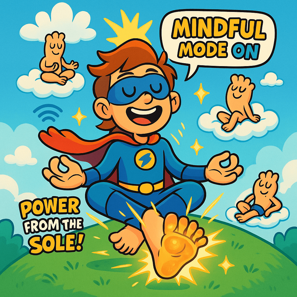 Ilustración alegre de un superhéroe meditando con los pies descalzos brillando, rodeado de personajes en forma de pie en actitud zen. El texto “Mindful Mode On” y “Power from the Sole” destacan la conexión entre atención plena y el barefoot. Ideal para contenido sobre grounding y bienestar natural.