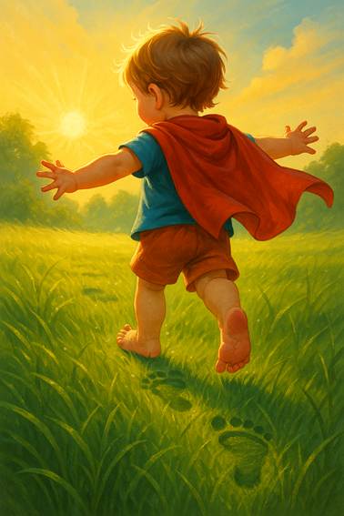 Ilustración realista y cálida de un niño pequeño caminando descalzo por un campo verde al amanecer, con capa roja ondeando al viento y huellas visibles en la hierba. Representa la conexión natural y libre del barefoot desde la infancia.