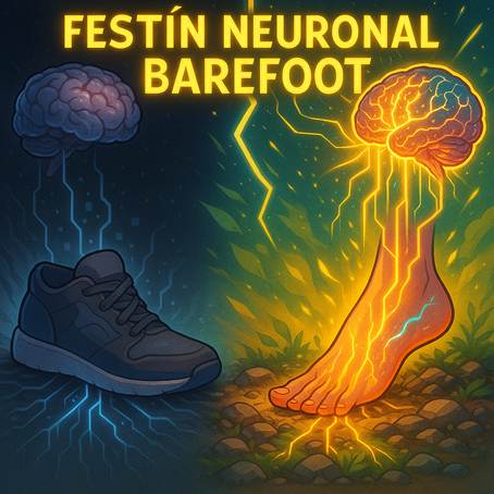 Ilustración comparativa entre un pie descalzo conectado a un cerebro brillante y un zapato convencional con menor activación cerebral. Representa cómo el calzado barefoot potencia la estimulación neurosensorial y mejora la conexión mente-cuerpo. Ideal para posts sobre neurociencia, propiocepción y salud integral desde los pies.