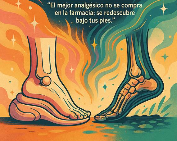 Ilustración artística de dos pies enfrentados, uno anatómico y otro energético, rodeados de llamas y ondas vibrantes. Incluye la frase: “El mejor analgésico no se compra en la farmacia; se redescubre bajo tus pies”. Imagen inspiradora sobre los beneficios terapéuticos del barefoot y la conexión cuerpo-tierra. Ideal para temas de salud natural, minimalismo y movimiento consciente.