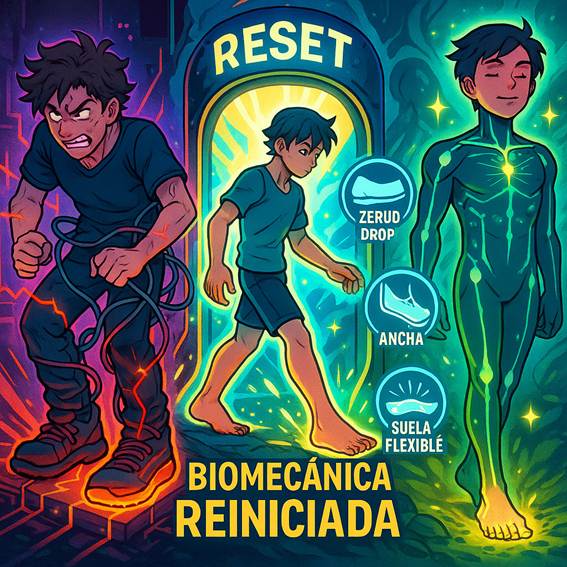 Ilustración estilo cómic que muestra la transformación de una persona con tensión física y calzado convencional a un cuerpo relajado y alineado gracias al barefoot. El centro destaca un "portal de reinicio" con etiquetas como zero drop, suela flexible y puntera ancha. Imagen educativa ideal para temas de salud postural, biomecánica y calzado minimalista.
