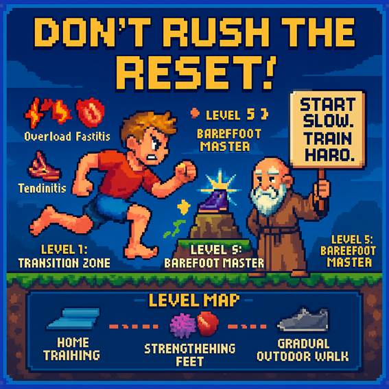 Ilustración estilo videojuego retro en pixel art con el mensaje “Don’t rush the reset!”. Muestra un personaje avanzando desde el “Level 1: Transition Zone” con riesgos como tendinitis y sobrecarga, hacia el “Level 5: Barefoot Master”, guiado por un maestro con el cartel “Start slow. Train hard.”. El mapa de niveles incluye entrenamiento en casa, fortalecimiento de pies y caminatas graduales. Ideal para transmitir la importancia de una transición progresiva al calzado barefoot.