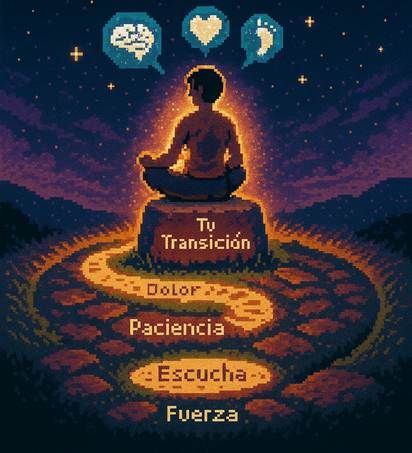 Ilustración pixel art que muestra a una persona meditando sobre una roca iluminada con el texto “Tu Transición”. A sus pies se dibuja un sendero de palabras clave como “Dolor”, “Paciencia”, “Escucha” y “Fuerza”. Sobre su cabeza flotan iconos de cerebro, corazón y pie, representando mente, emoción y cuerpo. La escena evoca el proceso introspectivo y consciente necesario para una transición exitosa al barefoot.