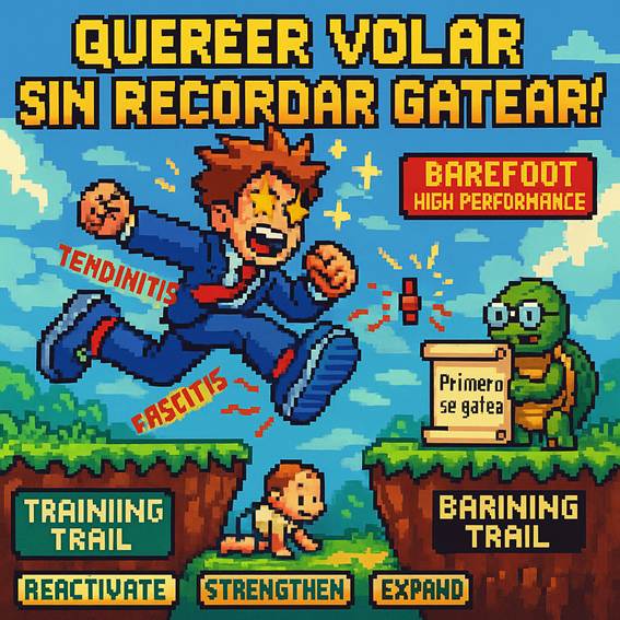 Ilustración estilo pixel art con un mensaje claro sobre la importancia de progresar de forma consciente en el barefoot. Muestra a un personaje apresurado intentando saltar de una fase de entrenamiento a un nivel avanzado sin pasar por el fortalecimiento básico, lo que le causa fascitis y tendinitis. A su lado, una tortuga sabia sostiene un cartel que dice "Primero se gatea", destacando la necesidad de respetar cada etapa. Ideal para visualizar los errores comunes en la transición al calzado barefoot.