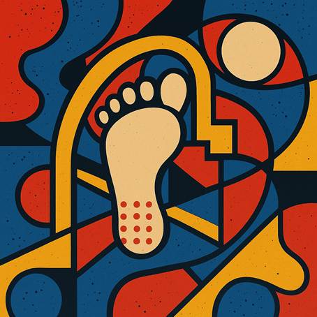 Ilustración abstracta con estilo geométrico y colores primarios que representa un pie descalzo visto desde la planta, con puntos rojos marcando la zona del metatarso. El diseño transmite conceptos de propiocepción, presión plantar y análisis del apoyo en el contexto del movimiento natural y el calzado barefoot.