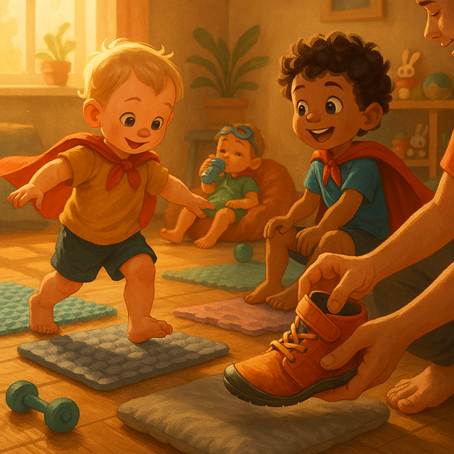 Ilustración cálida y encantadora de niños pequeños jugando descalzos sobre almohadillas de equilibrio en un ambiente interior, mientras usan capas de superhéroes, promoviendo el desarrollo del equilibrio, la diversión y el movimiento natural en un entorno seguro y acogedor.