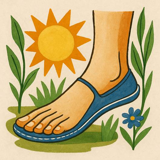 Ilustración de estilo natural y minimalista que muestra un pie calzado con una sandalia barefoot azul, rodeado de hierba, plantas y flores bajo un sol brillante. Representa la conexión con la naturaleza, el confort y la frescura del calzado barefoot durante el verano.