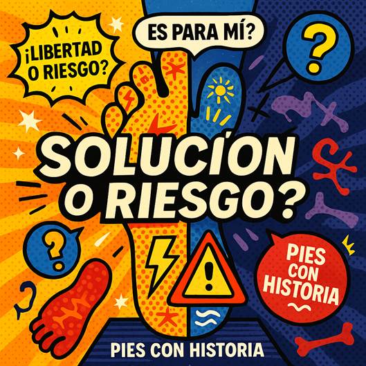 Ilustración estilo cómic en colores vibrantes con el texto “¿Solución o Riesgo?” centrado sobre la silueta de dos pies divididos entre tonos cálidos y fríos. La imagen destaca frases como “Pies con historia”, “¿Es para mí?” y “¿Libertad o riesgo?”, representando la duda sobre si el calzado barefoot es adecuado para personas con problemas previos en los pies. Ideal para un artículo sobre los beneficios y precauciones del barefoot para usuarios con historial podal.