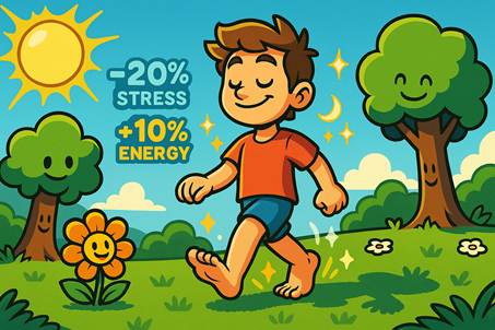 Ilustración estilo videojuego caricaturesco mostrando a un niño caminando descalzo sobre césped verde bajo el sol. A su alrededor, árboles y flores sonrientes y gráficos tipo HUD que indican “-20% estrés” y “+10% energía”. La escena representa los beneficios del grounding en verano, con un ambiente alegre y natural.