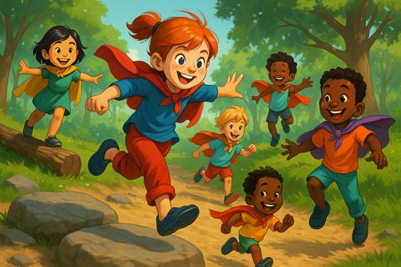 Ilustración vibrante y alegre de un grupo diverso de niños corriendo y saltando en un entorno natural, todos con capas de superhéroes, representando la libertad, la energía y la alegría del movimiento al aire libre.
