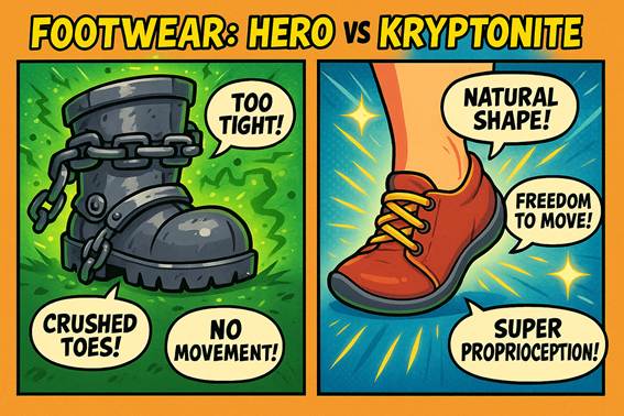 Ilustración tipo cómic mostrando dos tipos de calzado: una bota negra con cadenas que representa la restricción y daño a los dedos, y un zapato rojo cómodo que promueve forma natural, libertad de movimiento y mejor propiocepción. Comparativa visual sobre los beneficios del barefoot.