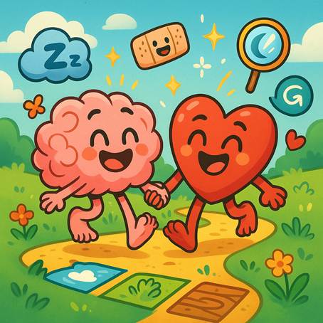 Ilustración alegre de un cerebro y un corazón caminando descalzos y felices por un sendero natural, rodeados de iconos de salud emocional como sueño, sanación y conciencia. Representación lúdica del equilibrio entre cuerpo, mente y emociones a través del barefoot.