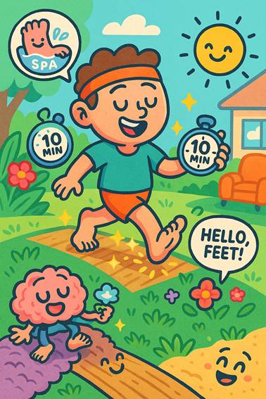 Ilustración colorida de un niño caminando descalzo felizmente sobre diferentes superficies naturales, acompañado de un cerebro sonriente y mensajes que animan a dedicar 10 minutos diarios al cuidado de los pies. Perfecta para promover hábitos barefoot y bienestar podal.
