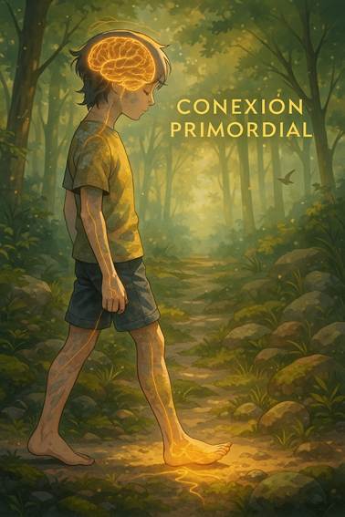 Ilustración de un niño caminando descalzo por un bosque, con un cerebro iluminado que simboliza la conexión neurológica y emocional con la naturaleza. Refleja los beneficios del grounding en el desarrollo cognitivo y sensorial infantil. Ideal para artículos sobre salud holística, movimiento natural y neurodesarrollo.