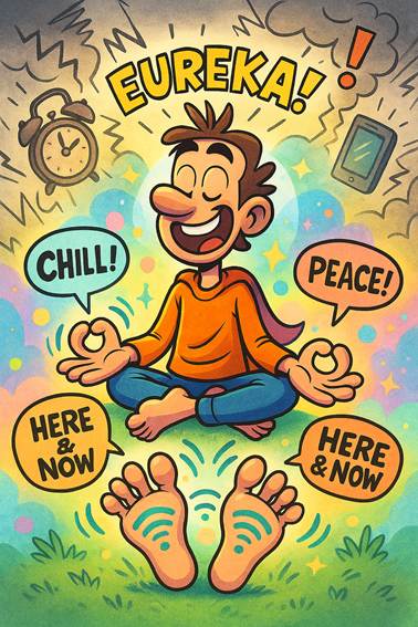 Ilustración divertida de un hombre feliz meditando descalzo con las palabras "Chill!", "Peace" y "Here & Now" flotando a su alrededor. Sus pies emiten señales de conexión, simbolizando el grounding y la atención plena a través del contacto con la tierra. Ideal para contenido sobre mindfulness y barefoot.