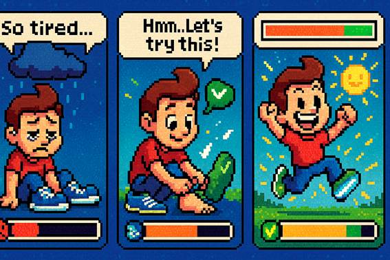 Tira cómica en estilo pixel art que muestra a un personaje cansado con zapatos convencionales, luego probando calzado barefoot, y finalmente lleno de energía bajo el sol. Representa el impacto positivo del barefoot en el bienestar y los niveles de energía.