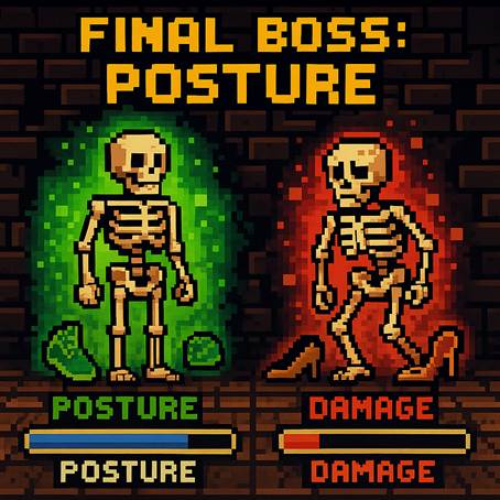 Ilustración en estilo pixel art que muestra un enfrentamiento entre dos esqueletos. A la izquierda, un esqueleto verde con postura alineada y calzado barefoot; a la derecha, un esqueleto rojo con mala postura usando tacones. Ideal para destacar el impacto del calzado en la salud postural.