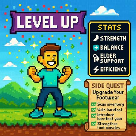 Ilustración estilo pixel art de un personaje celebrando su "subida de nivel" con mejoras en fuerza, equilibrio y eficiencia. Una lista de tareas secundarias incluye caminar descalzo y fortalecer los músculos del pie, promoviendo el calzado barefoot como estrategia de bienestar.