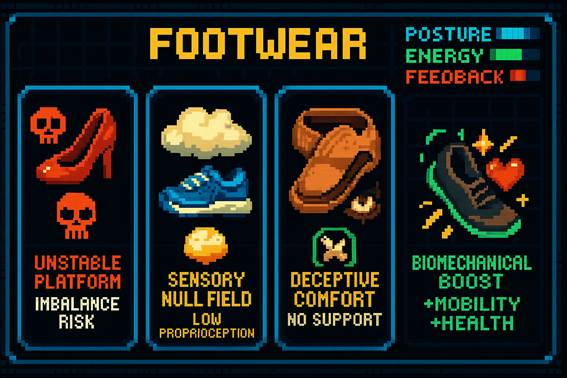 Gráfico en estilo pixel art que compara cuatro tipos de calzado: tacones, zapatillas acolchadas, mocasines y barefoot. Muestra cómo el barefoot aporta mayor postura, energía y retroalimentación sensorial, destacando sus beneficios biomecánicos.