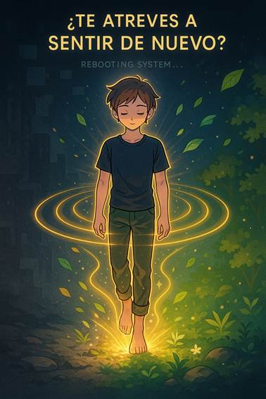 Ilustración de un niño descalzo de pie sobre la tierra, con ondas de energía natural rodeando su cuerpo, simbolizando el reinicio del sistema sensorial a través del contacto con el suelo. Imagen evocadora ideal para contenidos sobre barefoot, mindfulness, grounding y bienestar emocional.