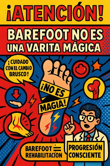 Ilustración tipo cómic con un pie en el centro y el texto “¡Atención! Barefoot no es una varita mágica”. Acompañada por íconos de advertencia, un doctor caricaturesco y mensajes como “¡Cuidado con el cambio brusco!”, “No es magia”, “Barefoot = rehabilitación” y “Progresión consciente”. El diseño comunica la importancia de una transición gradual al calzado barefoot, especialmente para prevenir lesiones.