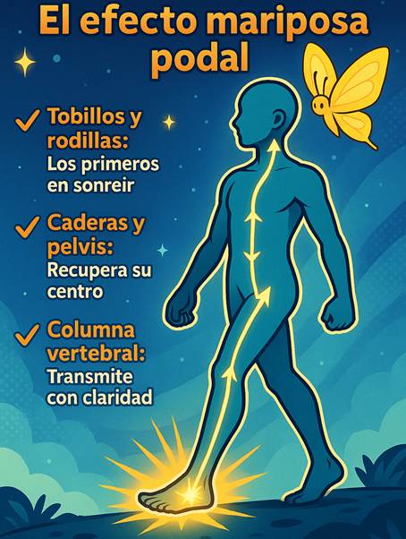 Gráfico educativo de un cuerpo humano iluminado desde los pies hacia arriba, con una mariposa y texto que describe cómo el movimiento natural del pie mejora tobillos, rodillas, caderas, pelvis y columna vertebral. Ideal para artículos sobre biomecánica y beneficios globales del calzado barefoot.