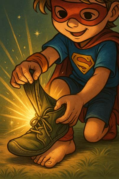 Ilustración cálida y emotiva de un niño disfrazado de superhéroe que se quita un zapato para caminar descalzo, simbolizando la liberación y el poder de caminar barefoot para la salud y el bienestar de los pies.