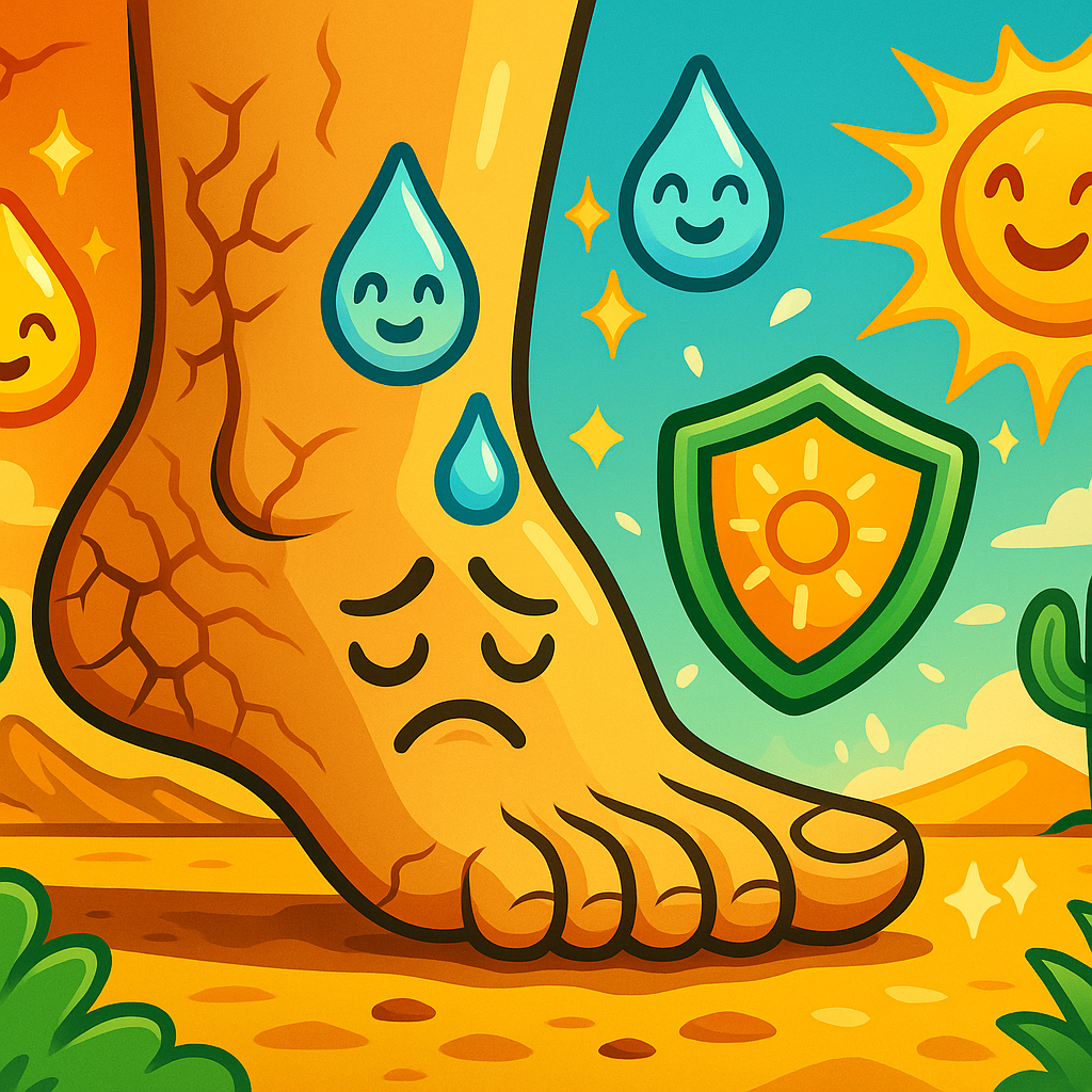 Ilustración abstracta estilo videojuego caricaturesco que representa unos talones resecos caminando por un desierto bajo el sol. Gotas animadas de crema hidratante con rostros felices flotan alrededor, simbolizando ingredientes como aloe vera y aceite de coco. Un escudo solar protege el pie, contrastando una zona seca con una piel hidratada y suave.
