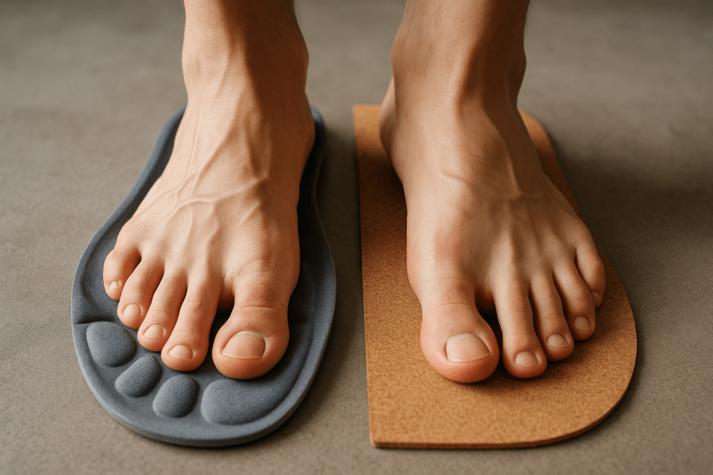 Comparativa visual entre pie descalzo sobre plantilla ortopédica acolchada y pie sobre plantilla barefoot de corcho. Muestra la diferencia en soporte y libertad de movimiento entre plantillas convencionales y minimalistas.