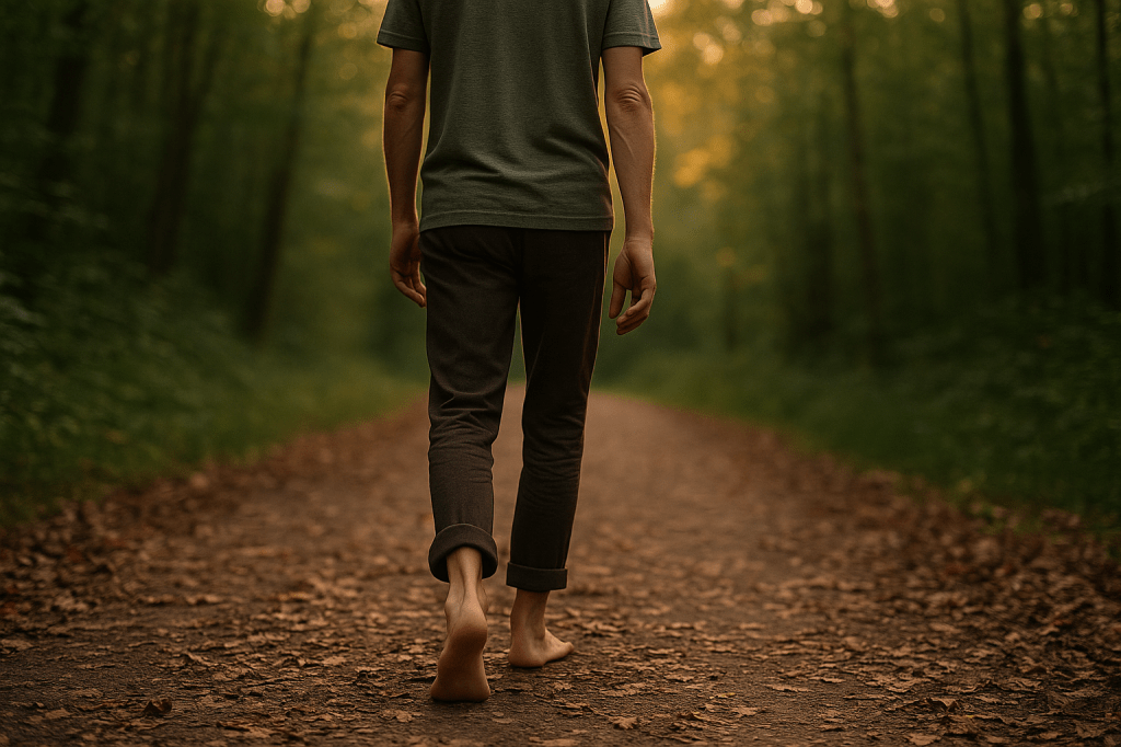 Persona caminando descalza por un sendero de bosque cubierto de hojas al atardecer, vista desde atrás. La luz dorada ilumina suavemente la escena, transmitiendo calma y conexión con la naturaleza.