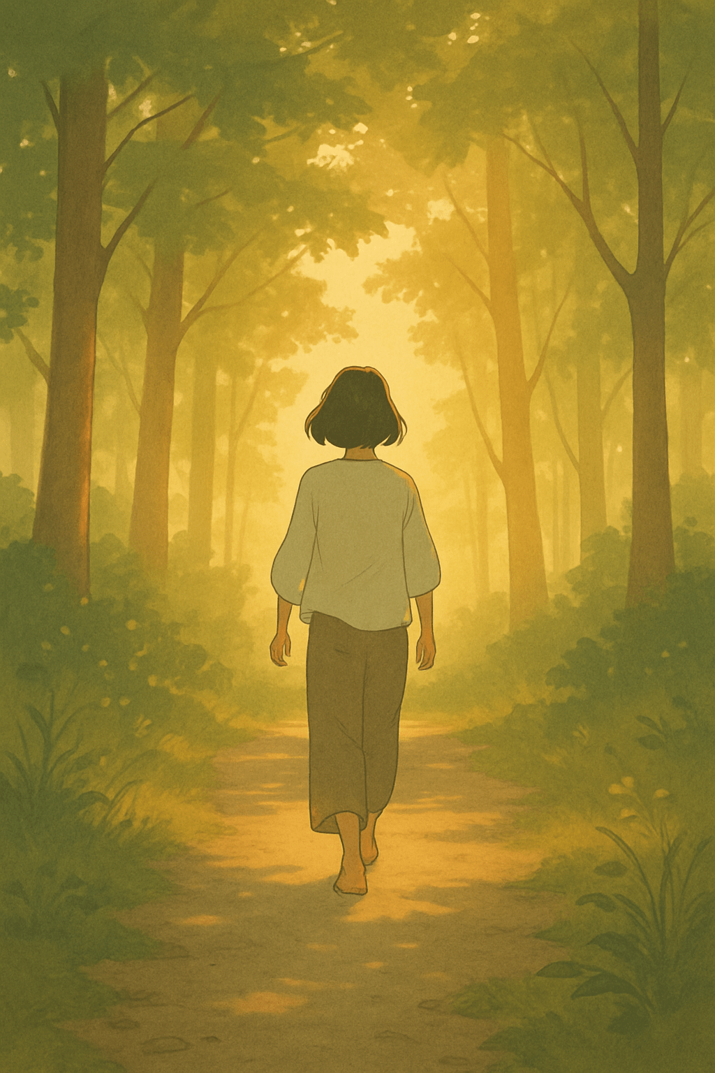 Mujer caminando sola por un sendero boscoso al amanecer, rodeada de árboles y luz dorada, en una escena que evoca introspección y conexión emocional con la naturaleza.