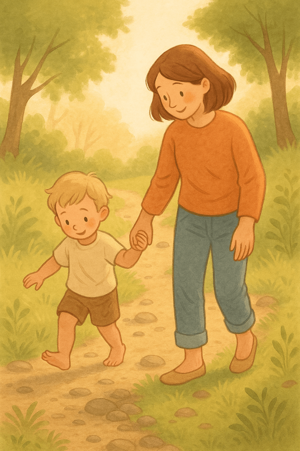 Ilustración tierna de una madre caminando de la mano con su hijo pequeño descalzo por un sendero natural, transmitiendo seguridad, conexión y libertad de movimiento infantil.