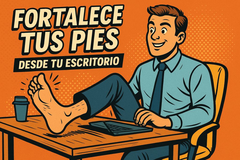 Ilustración estilo cómic de una persona haciendo ejercicios barefoot sobre una alfombrilla sensorial en su escritorio, con el texto “Fortalece tus pies desde tu escritorio”.