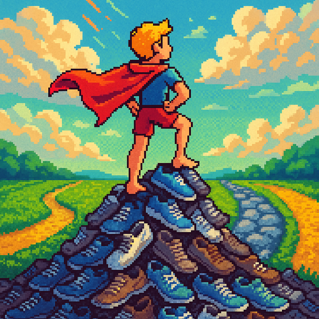 Héroe barefoot en pixel art retro de pie sobre montaña de zapatillas, mirando caminos de musgo, piedra y arena bajo cielo brillante.