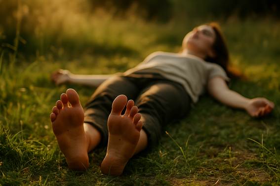 Mujer descalza acostada en la hierba al atardecer, disfrutando de los beneficios del grounding como la reducción del estrés y el equilibrio energético.