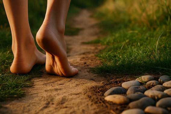 Primer plano de pies descalzos caminando sobre texturas naturales como hierba, arena y piedras, destacando la estimulación sensorial del grounding.