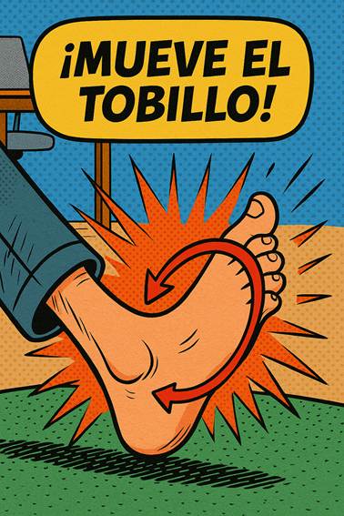 Ilustración en estilo cómic de un pie elevado haciendo círculos de tobillo frente a un escritorio de oficina, con fondo dinámico.