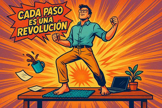 Persona de pie sobre un escritorio con pies descalzos sobre un tapete barefoot, en pose heroica estilo cómic, con el texto “Cada paso es una revolución”.