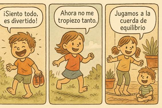 Viñetas cómic con niños descalzos expresando beneficios del barefoot: sentir el suelo, mejorar equilibrio y jugar en familia.