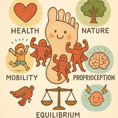 Ilustración educativa de un pie descalzo sonriente con músculos tipo superhéroes y símbolos de beneficios del barefoot en niños.