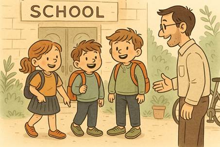 Niños con calzado barefoot urbano frente al colegio mostrando sus zapatos a un adulto, estilo ilustración cálida y natural.