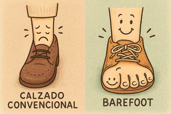 Comparativa visual entre zapato convencional estrecho y zapato barefoot ancho con pies humanizados, expresando incomodidad y bienestar.