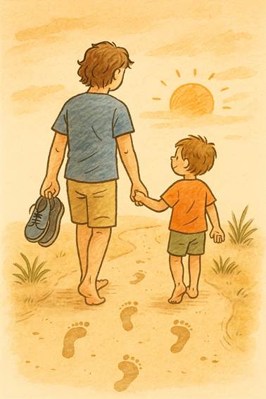 Adulto y niño caminando descalzos tomados de la mano al atardecer, dejando huellas en la arena, imagen emotiva de conexión barefoot.