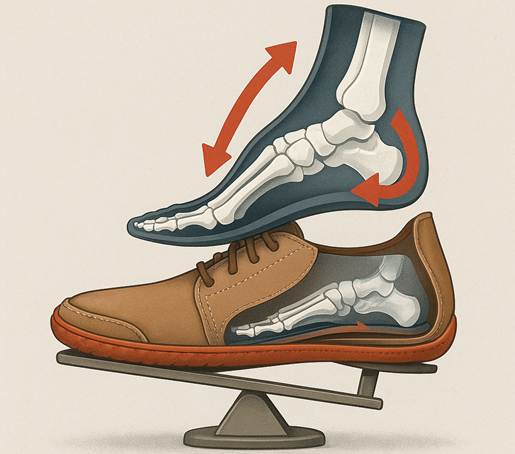 Ilustración de zapato barefoot comparado con uno convencional, mostrando esqueleto del pie en posición natural y forzada. Flechas indican cómo las plantillas ortopédicas elevan el talón y limitan el movimiento del arco.