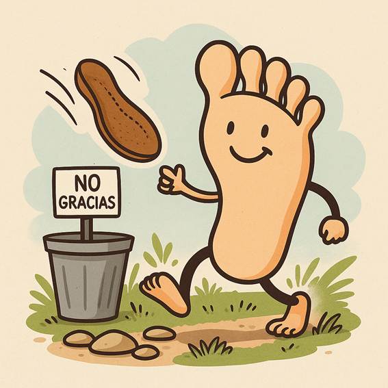 Ilustración caricaturesca de un pie sonriente tirando una plantilla ortopédica a la basura con un cartel de "No gracias". Representa la autonomía del pie y el rechazo a soportes innecesarios en el movimiento barefoot.