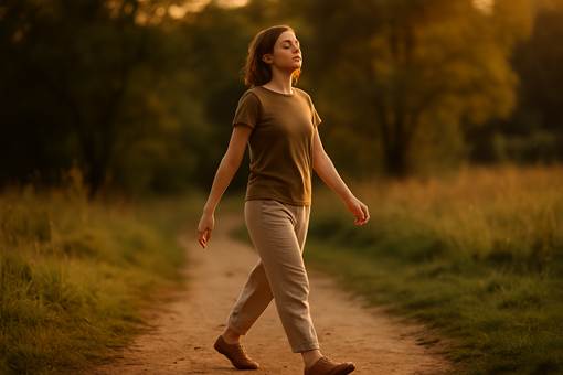 Mujer caminando con los ojos cerrados por un camino de tierra al atardecer, en actitud meditativa y relajada, rodeada de naturaleza.