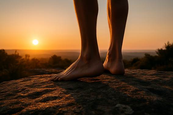 Primer plano de pies descalzos firmemente apoyados sobre una roca durante el amanecer. El sol se alza en el horizonte, proyectando luz cálida sobre el terreno y evocando una sensación de fuerza interior y renovación.