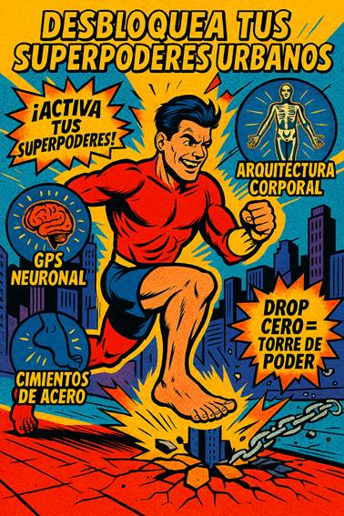 Ilustración en estilo pop art de un superhéroe barefoot corriendo con poder sobre una acera urbana resquebrajada. A su alrededor, burbujas de cómic destacan sus habilidades: “GPS Neuronal”, “Arquitectura Corporal”, “Cimientos de Acero” y “Drop Cero = Torre de Poder”. Representa la activación del cuerpo a través del barefoot en la ciudad.