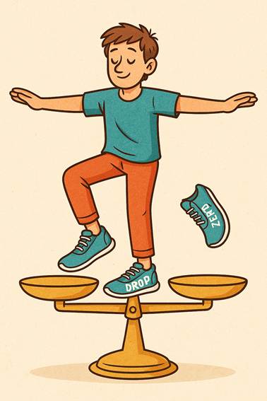 Ilustración colorida de un hombre joven balanceándose con confianza sobre una balanza, usando zapatillas barefoot con drop cero. Una metáfora visual del equilibrio postural y emocional que aporta este tipo de calzado.